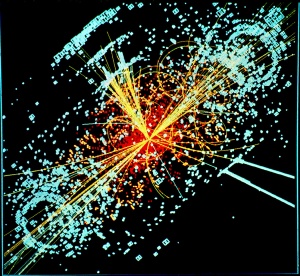 A simulation of a collision where the famous Higgs particle is produced and decays into smaller particles.